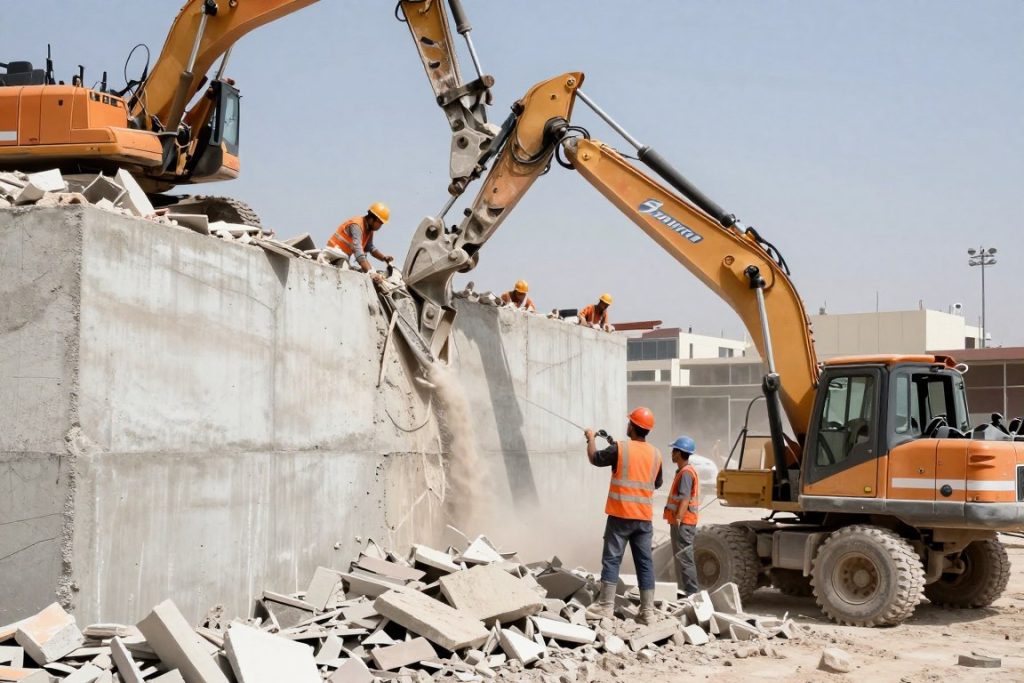 عملية تكسير جدار خرساني جارية باستخدام معدات هيدروليكية