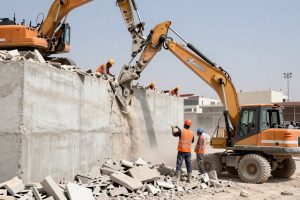 عملية تكسير جدار خرساني جارية باستخدام معدات هيدروليكية عملية تكسير جدار خرساني جارية باستخدام معدات هيدروليكية