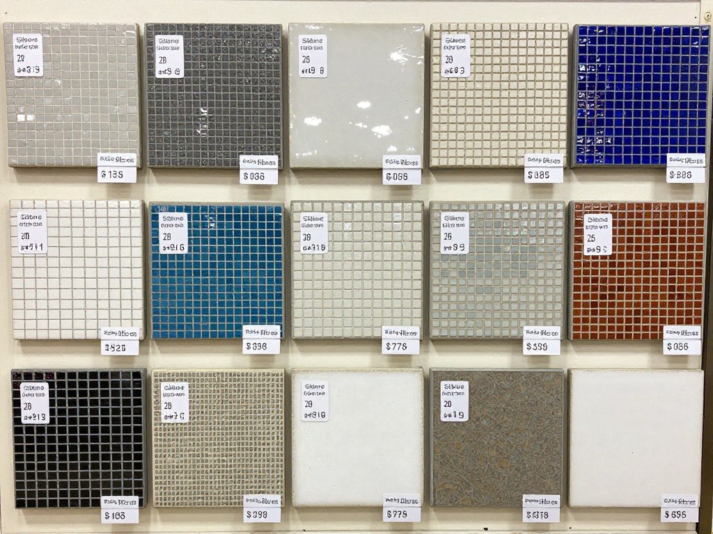 عينات موزاييك مختلفة مع بطاقات أسعار