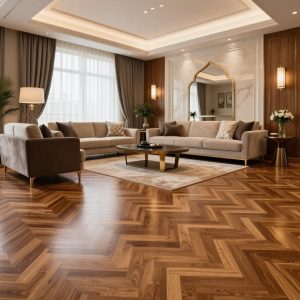 غرفة معيشة أنيقة بأرضية باركيه خشبية