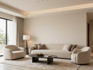 غرفة معيشة حديثة بعد أعمال الصباغة الداخلية بألوان عصرية