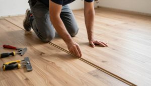 فني باركيه محترف يقوم بتركيب أرضية خشبية