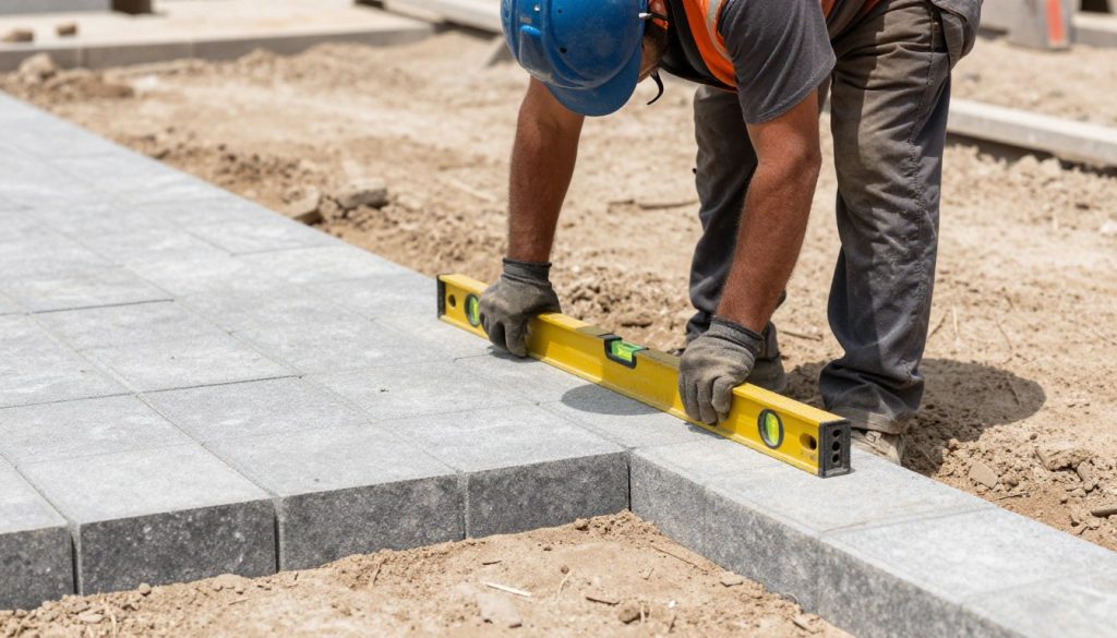 معلم بلاط يقوم بتسوية القاعدة قبل التركيب