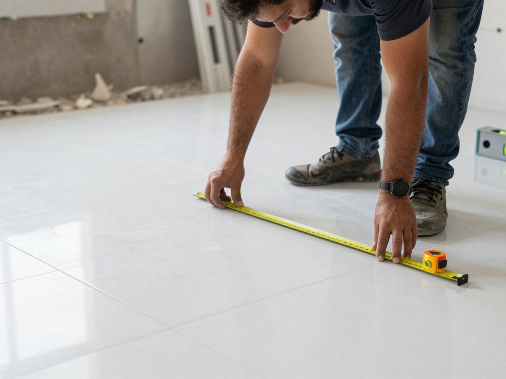 معلم بورسلان باكستاني يقوم بقياس دقيق للأرضية قبل التركيب