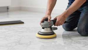 معلم جلي رخام يستخدم معدات احترافية لتلميع الأرضيات