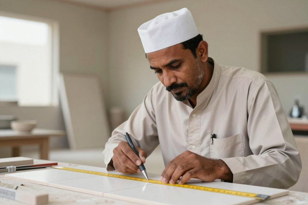 معلم سيراميك باكستاني محترف يعمل في تركيب سيراميك حولي