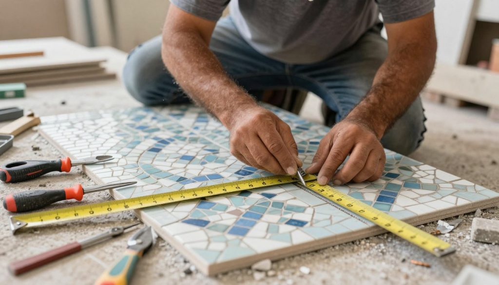 معلم موزاييك يعمل على تركيب بلاط بدقة