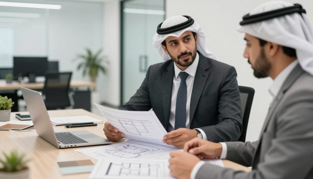 مقاول ترميمات محترف يناقش مشروع مع عميل في الكويت