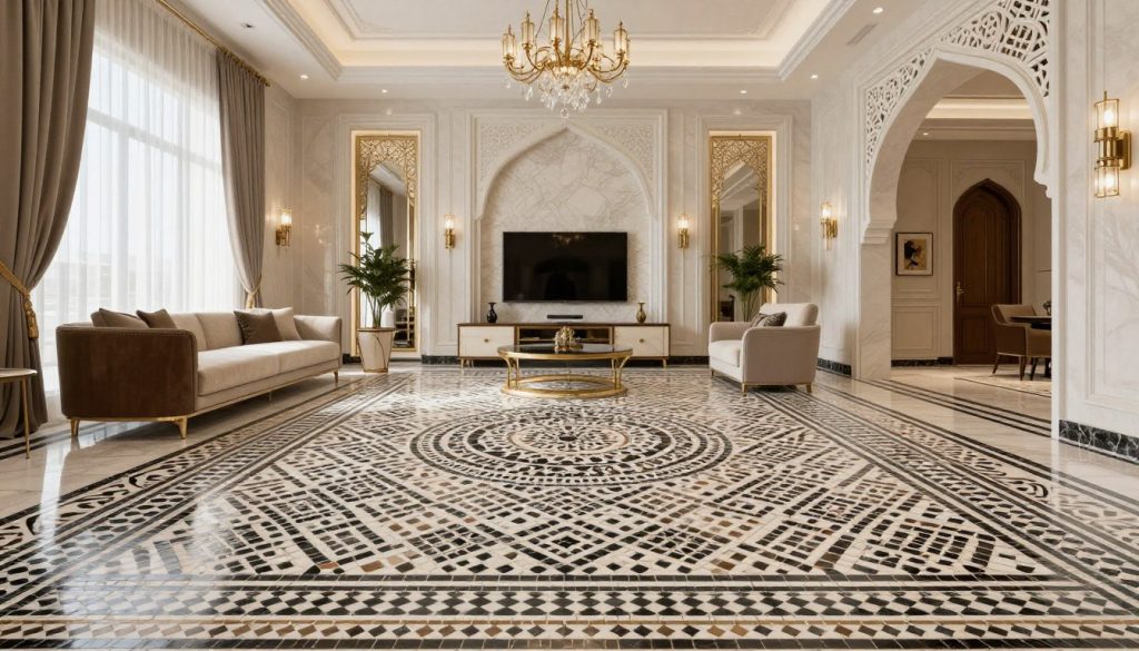 خدمات الموزاييك في الكويت: دليلك الشامل للتركيب والصيانة الاحترافية 1 موزاييك كويتي حديث في تصميم داخلي فاخر