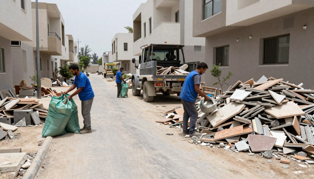 جمع مخلفات التكسير داخل أكياس ونقلها من موقع العمل