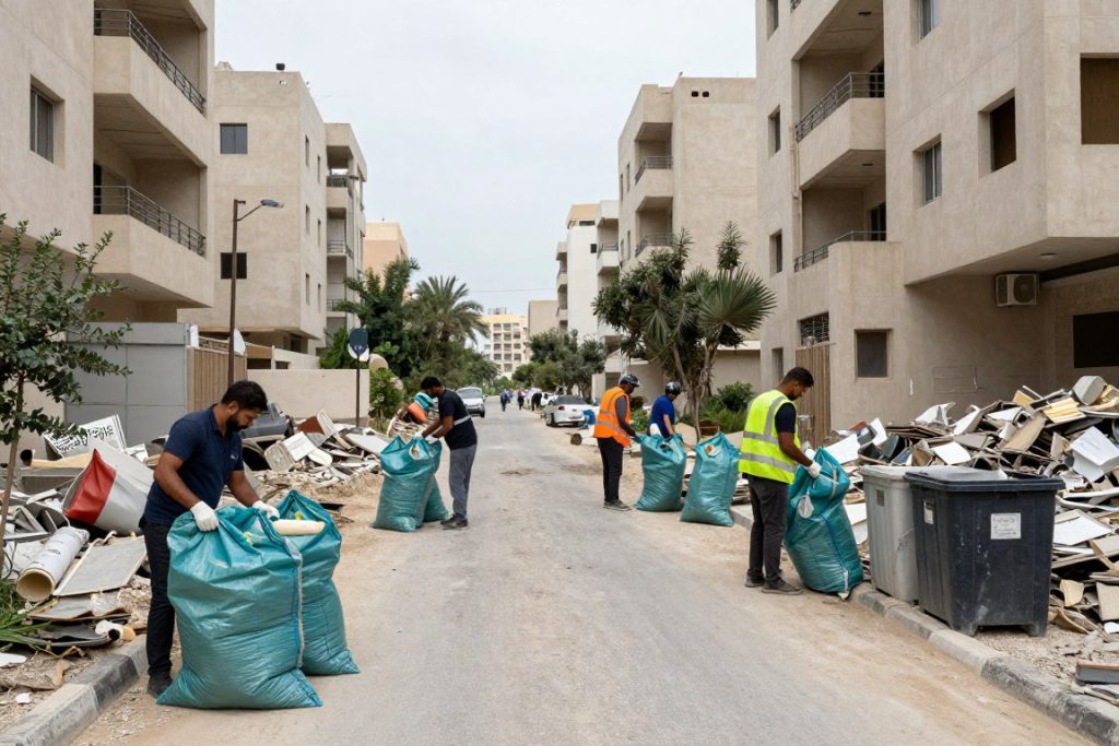 جمع وإزالة أنقاض الهدم من موقع في الكويت
