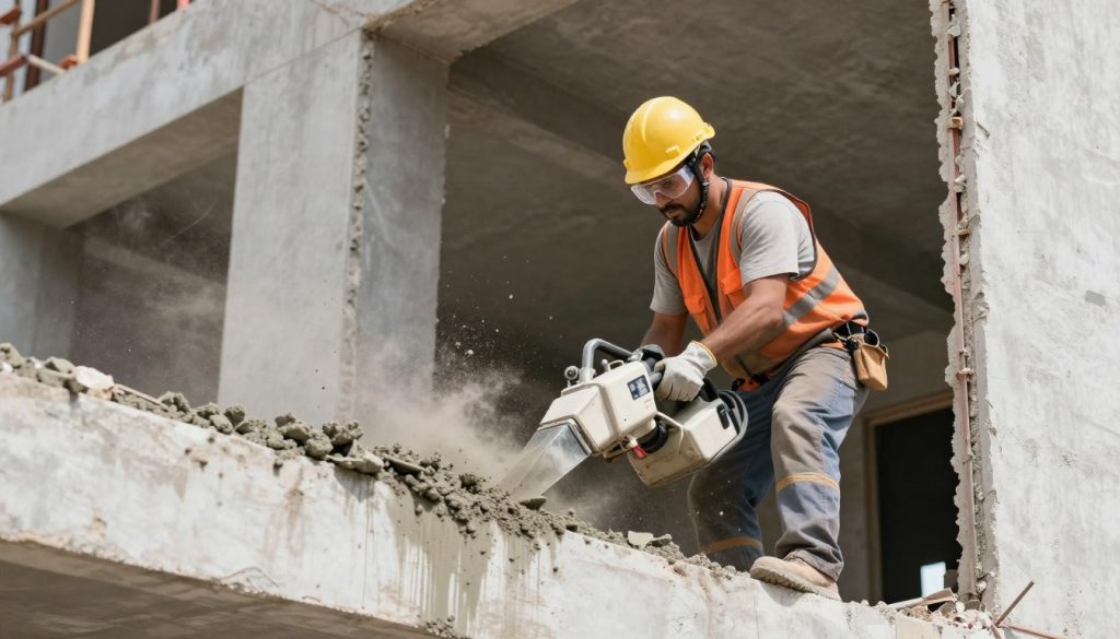 عامل ينفذ تكسير الخرسانة داخل مبنى في الكويت