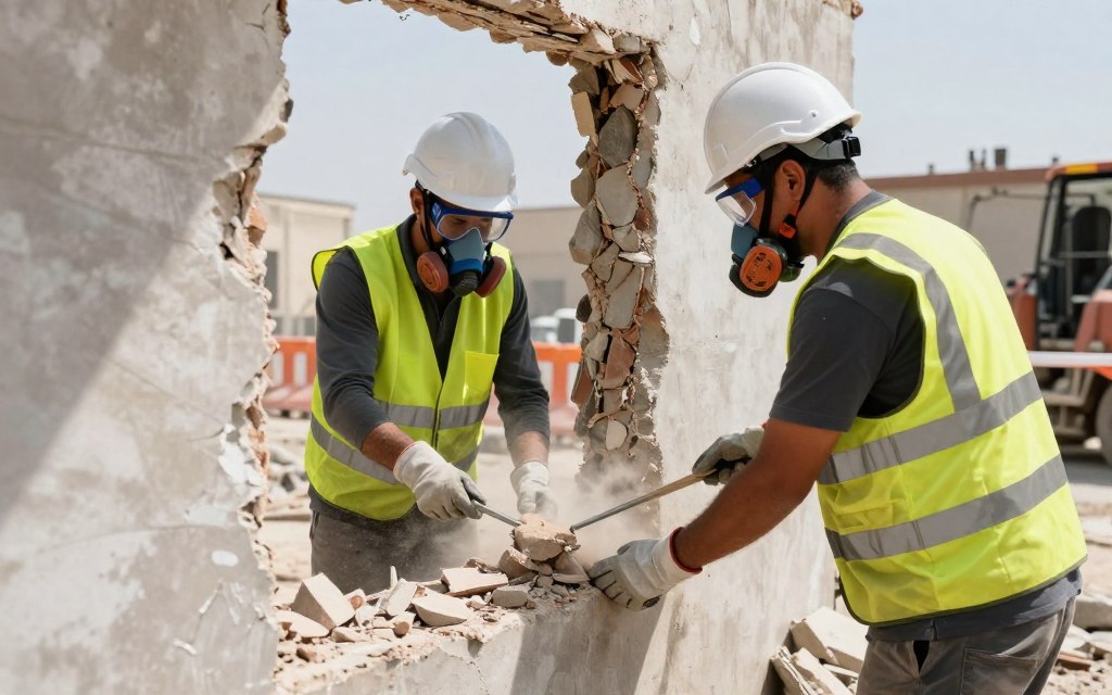 عمال يستخدمون معدات الحماية الشخصية أثناء التكسير